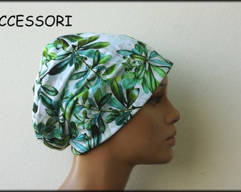 Cap beanie double cap reversible cap green white floral viscose jersey cotton jersey