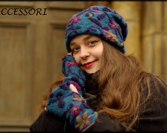 Wool arm warmers, beanie, wool hat, blue, pink, floral, warm, fleece-lined, cuddly