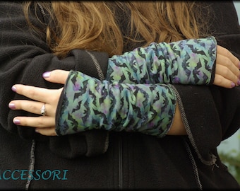 Cuffs Halloween wrist warmers petrol purple green black bat cotton jersey