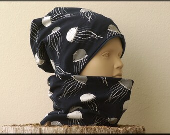 Children's hat Beanie Loop dark blue white Medusa jellyfish cotton baby hat warm cuddly fleece winter hat