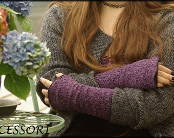 Arm warmers women's cuffs made of boucle fabric purple warm with fleece lined wrist warmers
