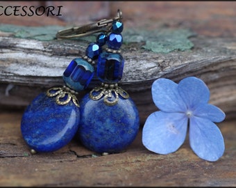 Lapis Lazuli Ohrringe dunkel blau bronze mit böhmischen Glasperlen