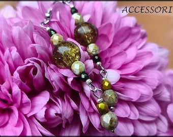 Long earrings, crackle glass beads, bohemian glass beads, khaki green, stainless steel