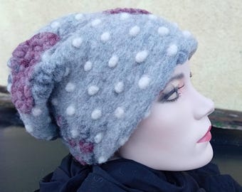 Wool hat beanie wool floral dotted grey pink white warm lined with fleece cuddly