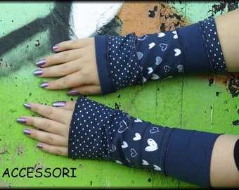 Arm Warmers Hand Warmer Pulse Warmer Summer Cuffs Reversible cuffs dark blue dotted with hearts Patchwork