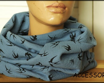 Loop scarf wrap scarf muslin blue black with swallows very soft cuddly cotton necklace hair band