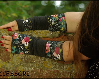 Cuffs Arm cuffs Hand cuffs Reversible cuffs flowered on both sides anthracite grey Polar Fleece Patchwork Frenchterry soft warm cuddly