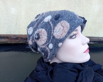 Wollmütze Mütze Beanie Wolle Kreisel grau beige warm gefüttert mit Fleece kuschelig