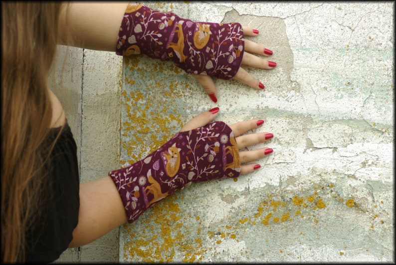 Arm warmers with thumb hole or without cuffs fox orange fleece alpine fleece cuddly purple hand warmers image 5