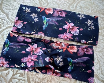 Headband, knotted headband, hairband, knotted hairband, turban hairband, bandana, cotton jersey, floral, dark blue, purple with hummingbird