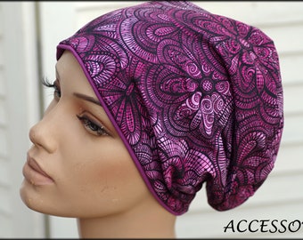 Hat Beanie Double Hat Reversible Hat Fuchsia Black Mandala Floral Cotton Jersey
