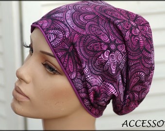 Mütze Beanie Doppelmütze Wendemütze fuchsia schwarz Mandala geblümt Baumwolljersey