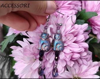 Earrings with moonstone and bohemian glass beads, cat iridescent purple drop stainless steel drop earrings