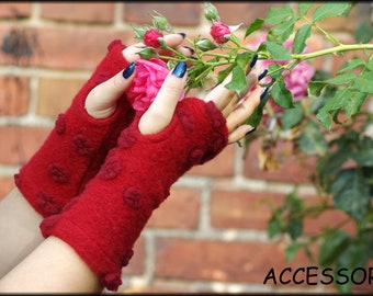 Wrist warmers/arm warmers with thumb hole, red polka dot felted wool, very light and warm