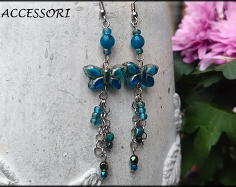 Long earrings with jade and bohemian glass beads, petrol blue butterfly stainless steel drop earrings, romantic