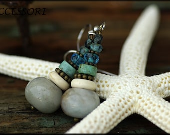 Vintage style earrings with amazonite, African turquoise, Bohemian glass beads and stainless steel