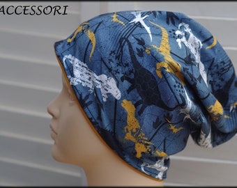 Children's hat beanie loop with dinosaurs Dinosauria yellow blue cotton baby hat warm cuddly fleece winter hat