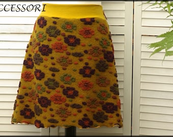 Wool skirt women's skirt short skirt A-cut floral mustard yellow purple orange green flowers wool warm
