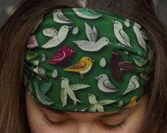 Haarband aus Seide grün mit Vögeln Haarschmuck