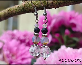Rock crystal crackle beads, lava beads, Bohemian glass beads, white, stainless steel, earrings
