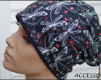 Beanie, double hat, reversible hat, black, red, white, dragonflies, hearts, cotton jersey