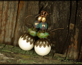 White coral, Bohemian glass beads, green, bronze, vintage style, earrings, earrings, earrings, earrings