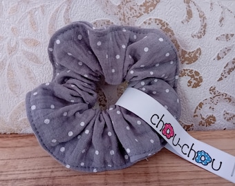 Chouchou attache cheveux mousseline de coton double gaze pois gris tresse blanche élastique accessoires cheveux