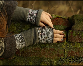 Cuffs arm warmers hand warmers reversible cuffs double-sided grey butterflies polar fleece patchwork hand warmers soft warm cuddly