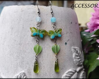 Long earrings with agate and bohemian glass beads, green butterfly hearts drop stainless steel earrings