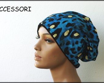 Cap Beanie double cap reversible cap blue black leopard motif viscose jersey cotton jersey
