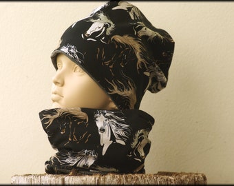 Children's Beanie Loop Hat with Horse Design, Black and Brown, Cotton, Warm and Cozy Fleece Baby Hat, Winter Hat