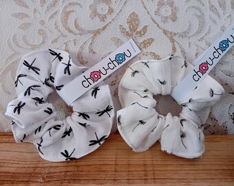 Scrunchie Haargummi Baumwolle Musselin Double Gauze Libellen Pustelumen schwarz weiß Zopfgummi Haarschmuck