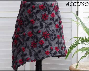 Wrap skirt wool skirt short skirt kidney warmer floral gray black red with roses mini skirt wool warm