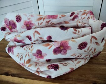 Loop Scarf Wrap Scarf Muslin white pink with berries flowered cotton necklace