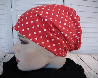 Beanie, double hat, reversible hat, red and white polka dot, cotton jersey
