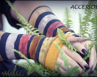 Cuffs arm warmers double-sided or with thumb hole black striped yellow fleece hand warmers soft warm cuddly alpine fleece