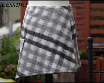 Wrap skirt wool skirt short skirt kidney warmer checked gray black white mini skirt wool warm