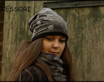 Beanie hat with fleece lining, velvet with embossing, velvet hat, gray dotted loop scarf, headband