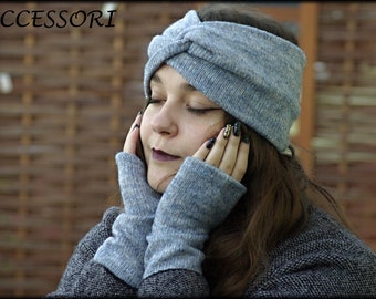 Arm warmers with thumb hole headband made of knitted fabric knot headband turban hairband soft light cuddly light blue mottled