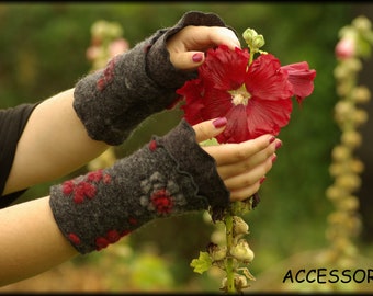 Arm warmers, felted wool leg warmers, wrist warmers, wool, floral, romantic, grey, red, warm, soft
