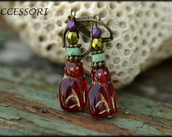 Colorful earrings Bohemian glass beads cats red African turquoise antique brass