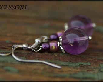 Fluorite earrings purple Bohemian glass beads stainless steel earrings