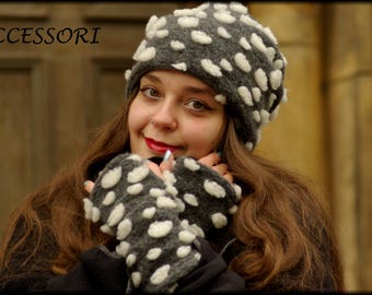Wool leg warmers, beanie, light grey and white polka dot wool, warmly lined with fleece, cozy