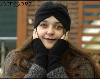 Arm warmers with thumb hole headband made of knitted fabric knot headband turban hairband soft light cuddly black