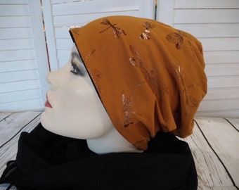 Beanie beanie double hat reversible hat mustard yellow black with dragonflies glitter cotton jersey