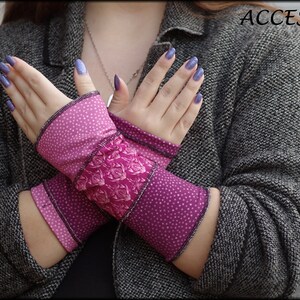 Arm warmers, hand warmers, hand warmers, wrist warmers, summer warmers, reversible warmers, pink purple dotted patchwork image 9
