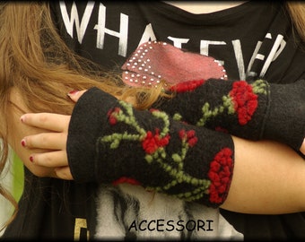 Arm warmers made of wool walk flowered roses black red green