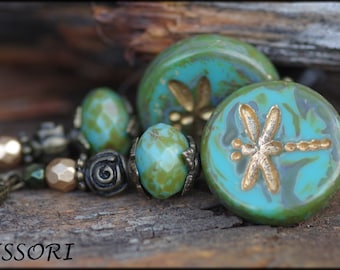 Earrings with Bohemian glass beads with dragonflies turquoise green