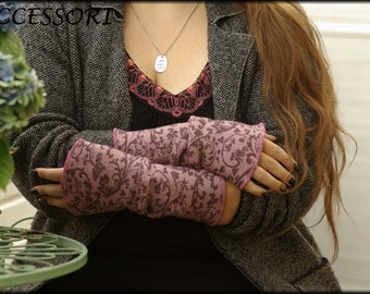 Arm warmers merino wool tendril pattern cuffs with thumb hole or without warm cozy floral pink