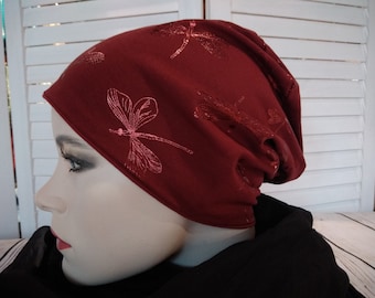 Beanie beanie double hat turn hat dark red with dragonflies glitter cotton jersey
